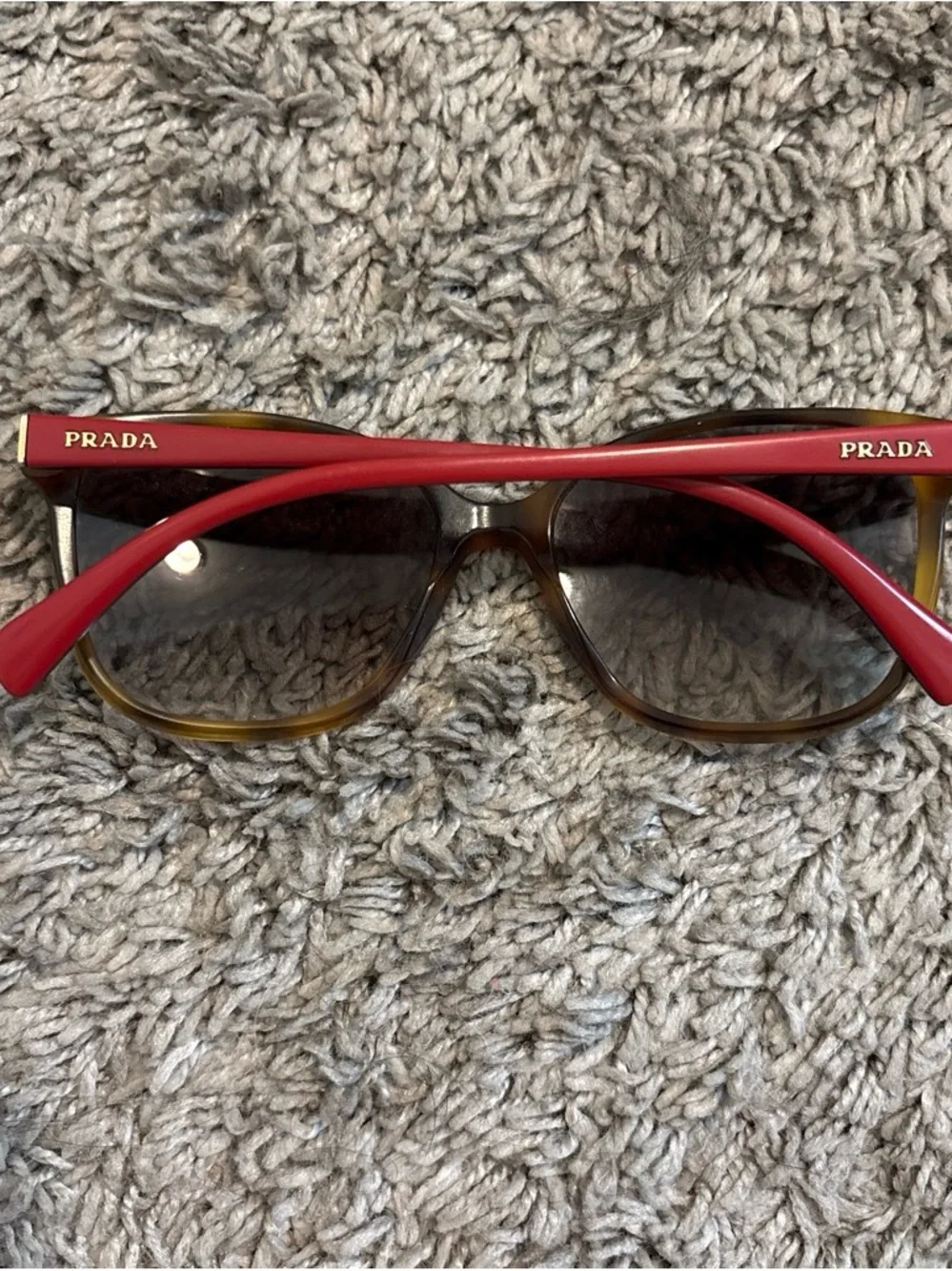 Prada Red Temple Brown Gradient Lens Sunglasses with Gold Logo